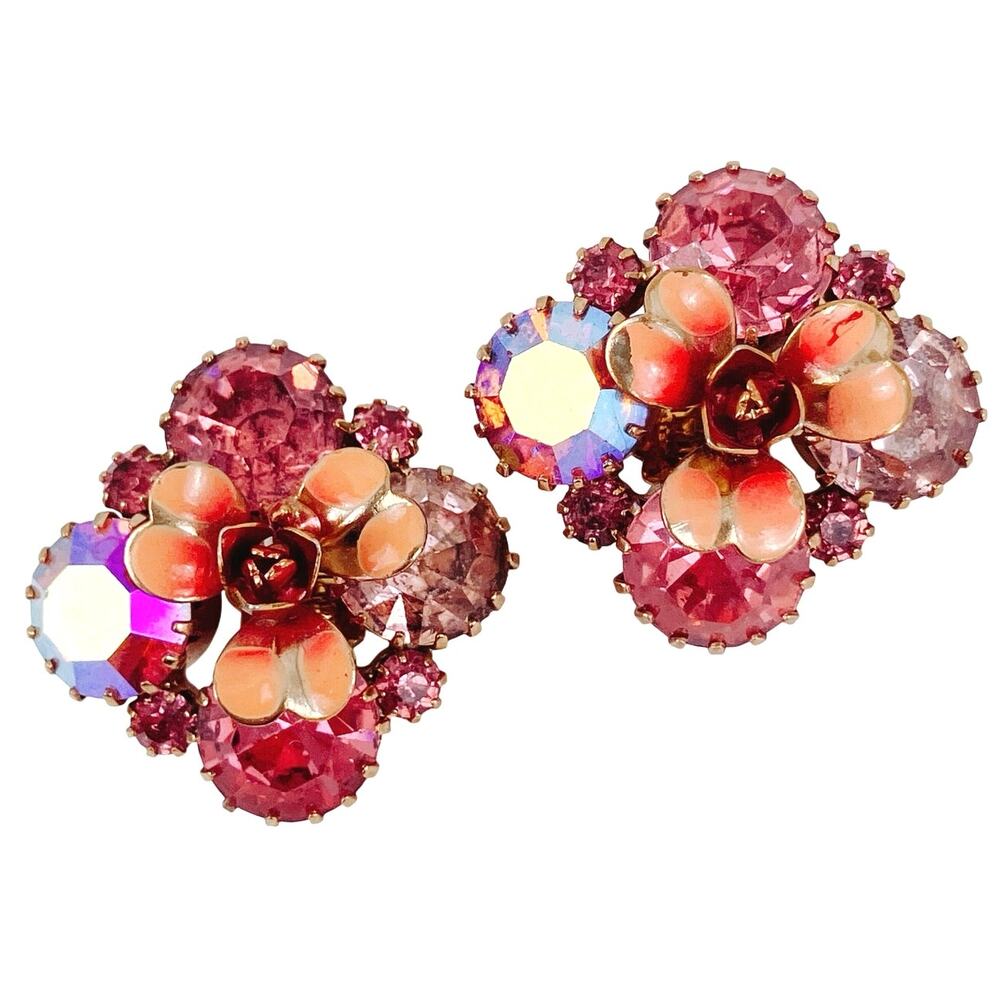 Signed Karu Arke Mid Century 50s Pink Rhinestone Enamel Flower Clip On Earrings